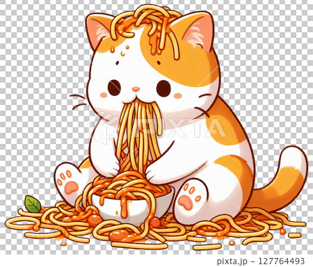 A cat trying to eat spaghetti but ends up tangled in noodles 127764493