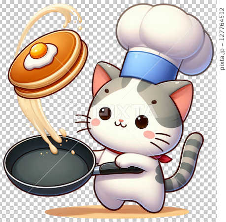 A cat wearing a chef hat flipping pancakes, cute cartoon style (1) 127764512