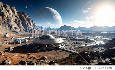 砂漠のような遠い惑星への宇宙旅行、SFの世界のスペースコロニー、生成AI画像イメージ 127764526