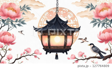 Paper-cut style Chinese lantern illustration with intricate 3D layered composition. 127764809