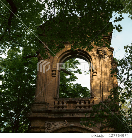 Surrounded by vibrant green leaves, the stone archway exudes a timeless elegance and tranquility. 127764974