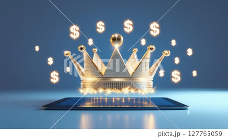 Digital crown with glowing dollar signs and sparkles emerging from a tablet representing financial success and digital wealth popular in technology and finance themes 127765059