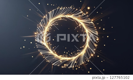 Abstract glowing circle design with sparkles and light trails forming a perfect on dark background for digital art cosmic or futuristic themes 127765102