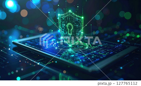 Digital security concept with shield lock hologram over smartphone cybersecurity technology data protection network protection system 127765112
