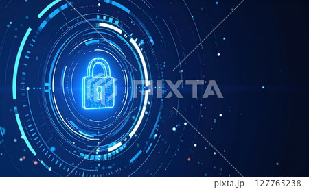 Digital security concept with glowing lock symbol surrounded by futuristic data technology elements and glowing lines representing cybersecurity and protection 127765238