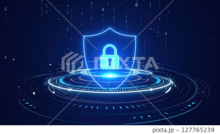 Futuristic digital security shield with glowing padlock icon representing cybersecurity protection and data privacy in a high-tech digital environment 127765239