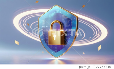 High tech digital security shield with lock icon representing cyber security protection data privacy and online safety in modern digital environment 127765240