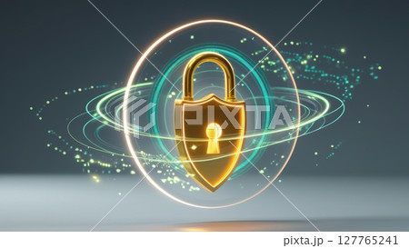 Digital security concept with a glowing golden padlock surrounded by swirling light effects and digital data visualization representing cybersecurity protection 127765241