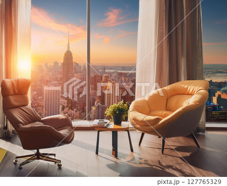 高層マンションから眺める夕暮れの街並み 127765329