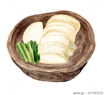 蕪の糠漬けを器に盛り付けた手描き水彩イラスト 127765331
