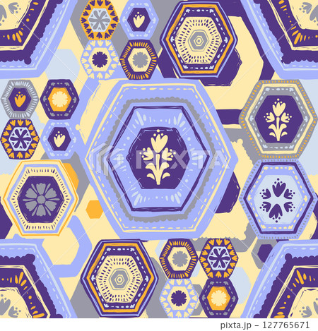 Vector hexagonal patchwork seamless pattern, hexagon geometric shapes with organic floral details, creating dynamic background design for textile and interior 127765671