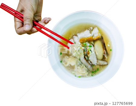 Top view of pork wonton and slice Crispy pork with a bowl of soup, focus selective 127765699