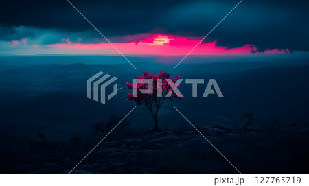 Solitary tree silhouette at sunset dark blue pink landscape 127765719
