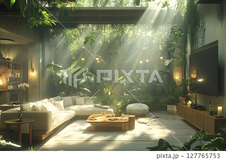 Sunlit modern living room with lush greenery and comfortable furniture 127765753