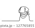 Continuous line drawing of cute dog wearing bandana. Simple minimalistic line drawing of cute dog 127765855