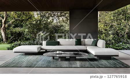 Modern outdoor sectional sofa and coffee table on patio with greenery 127765918