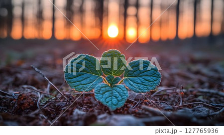 Small plant growing at sunset in forest nature background Small plant growing at sunset in forest nature background 127765936
