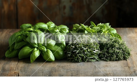 Fresh green herbs on rustic wooden surface 127765973