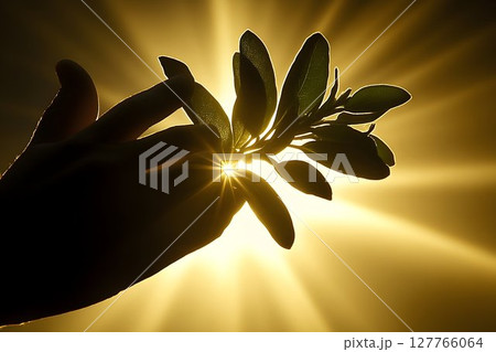Hand holding plant silhouette in bright sunlight nature ecology concept 127766064