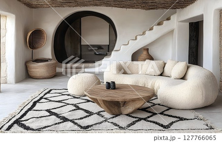 Modern minimalist living room interior design with beige sofa and wooden coffee table 127766065