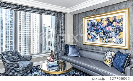 Modern living room interior with city view and abstract art 127766066