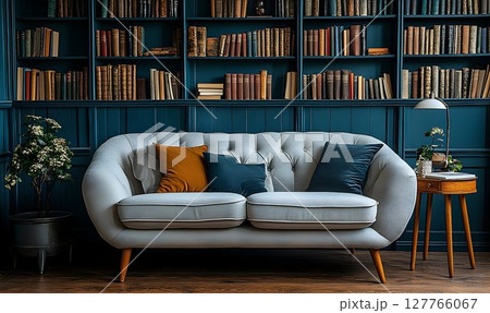 Elegant grey sofa in dark blue library setting with bookshelves 127766067