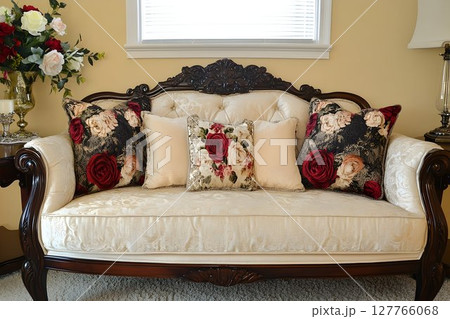 Elegant cream sofa with floral pillows rich wood carving luxurious home decor 127766068