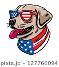 Dog wearing american flag bandana and sunglasses in american flag background, vector illustration for the 4th of July, independence day, memorial day, veterans day, freedom day, patriotism symbol 127766094