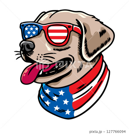 Dog wearing american flag bandana and sunglasses in american flag background, vector illustration for the 4th of July, independence day, memorial day, veterans day, freedom day, patriotism symbol Dog wearing american flag bandana and sunglasses in american flag background, vector illustration for the 4th of July, independence day, memorial day, veterans day, freedom day, patriotism symbol 127766094