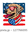Dog wearing american flag bandana and sunglasses in american flag background, vector illustration for the 4th of July, independence day, memorial day, veterans day, freedom day, patriotism symbol 127766095