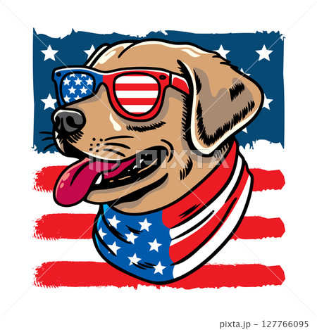 Dog wearing american flag bandana and sunglasses in american flag background, vector illustration for the 4th of July, independence day, memorial day, veterans day, freedom day, patriotism symbol 127766095
