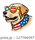 Dog wearing american flag bandana and sunglasses in american flag background, vector illustration for the 4th of July, independence day, memorial day, veterans day, freedom day, patriotism symbol 127766097