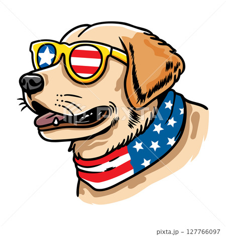 Dog wearing american flag bandana and sunglasses in american flag background, vector illustration for the 4th of July, independence day, memorial day, veterans day, freedom day, patriotism symbol 127766097