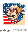 Dog wearing american flag bandana and sunglasses in american flag background, vector illustration for the 4th of July, independence day, memorial day, veterans day, freedom day, patriotism symbol 127766098