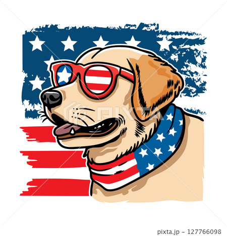 Dog wearing american flag bandana and sunglasses in american flag background, vector illustration for the 4th of July, independence day, memorial day, veterans day, freedom day, patriotism symbol 127766098