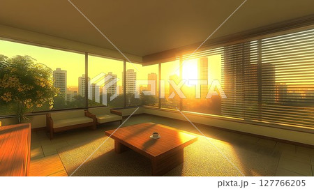 Sunlit city view apartment interior modern living room design 127766205
