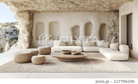 Beige outdoor furniture set on patio with cave like walls 127766206