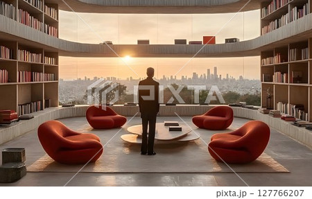 Modern home library with cityscape view at sunset 127766207
