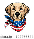 Dog wearing american flag bandana and sunglasses in american flag background, vector illustration for the 4th of July, independence day, memorial day, veterans day, freedom day, patriotism symbol 127766324