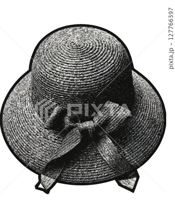 Vintage Straw Hat With Ribbon In Retro Engraving. Fashion Accessory Illustration Isolated On Transparent Background 127766397