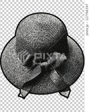 Vintage Straw Hat With Ribbon In Retro Engraving. Fashion Accessory Illustration Isolated On Transparent Background 127766397