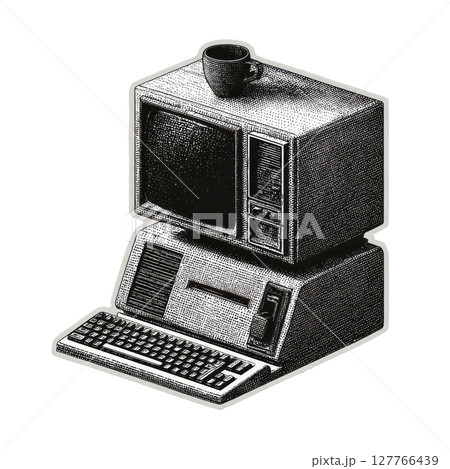 Vintage Computer With Coffee Cup In Retro Engraving. Nostalgic Technology Illustration Isolated On Transparent Background 127766439