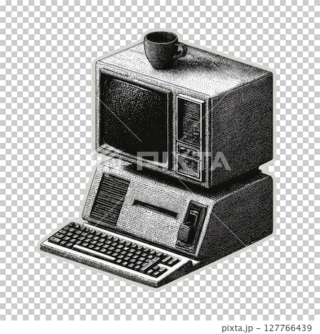 Vintage Computer With Coffee Cup In Retro Engraving. Nostalgic Technology Illustration Isolated On Transparent Background 127766439