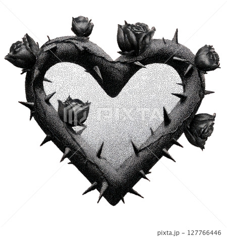 Heart-Shaped Thorny Vine With Roses In Vintage Dot. Symbol Of Love And Pain Illustration Isolated On Transparent Background 127766446