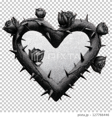 Heart-Shaped Thorny Vine With Roses In Vintage Dot. Symbol Of Love And Pain Illustration Isolated On Transparent Background 127766446
