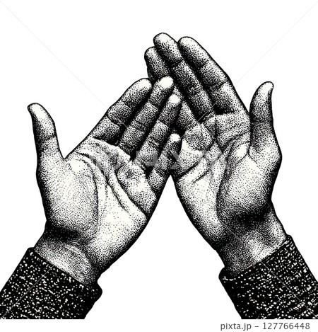 Vintage Engraving Of Open Hands In Prayer Gesture. Symbol Of Hope And Faith Illustration Isolated On Transparent Background 127766448