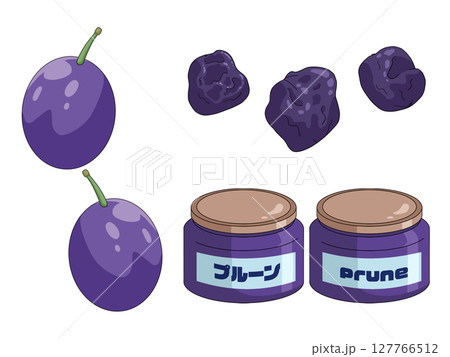 生のプルーンと干しプルーンと瓶詰めプルーンのイラスト 127766512