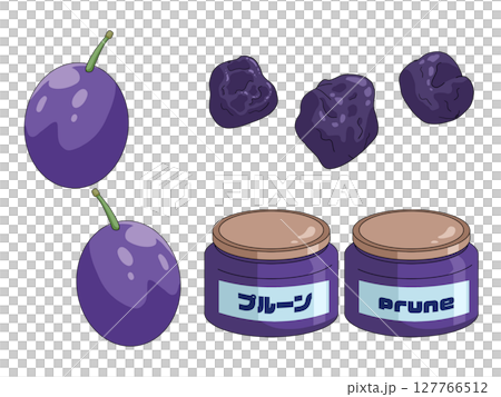 生のプルーンと干しプルーンと瓶詰めプルーンのイラスト 127766512