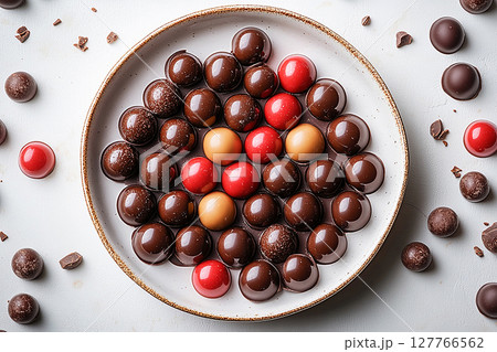 Luxury catering spread. Luxurious chocolate in a white plate of handcrafted gourmet chocolates. Top view. 127766562