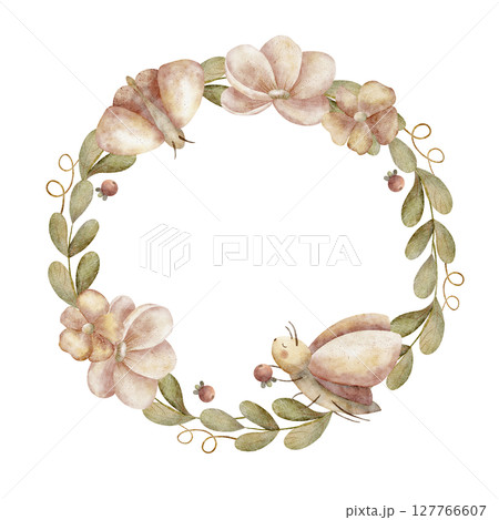 Watercolor wreath illustration insects butterfly motel in peony flowers green leaves. Template round drawn in children's style on isolated background for design of postcards, holidays, clothes, dishes 127766607